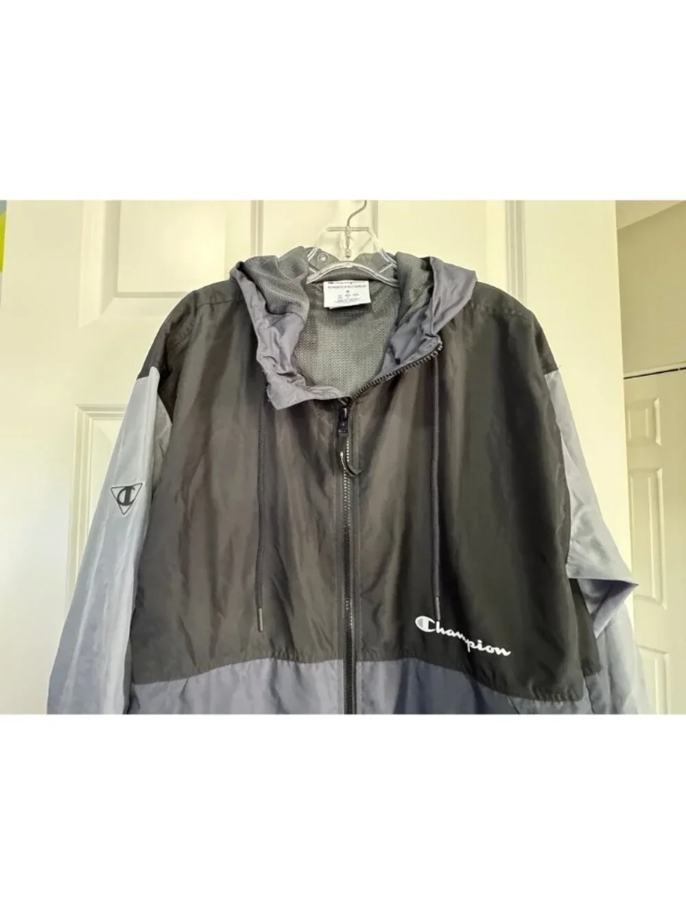 Champion Jacket Lightweight Colorblock Gray/Black Full Zip Hooded Men's Medium M